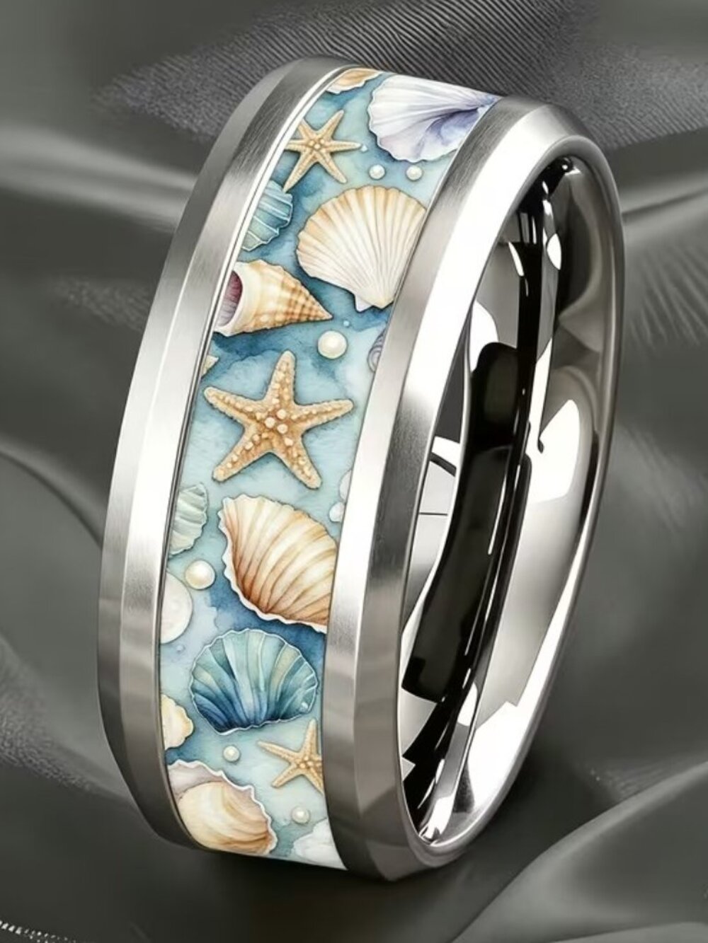 Silver Stainless Steel SEA SHELL Beach Band Ring Size 9